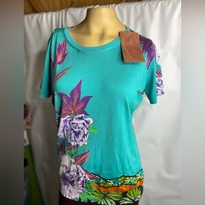 Etro Teal and Purple Floral Short Sleeve Top size 48 NWT women’s tops